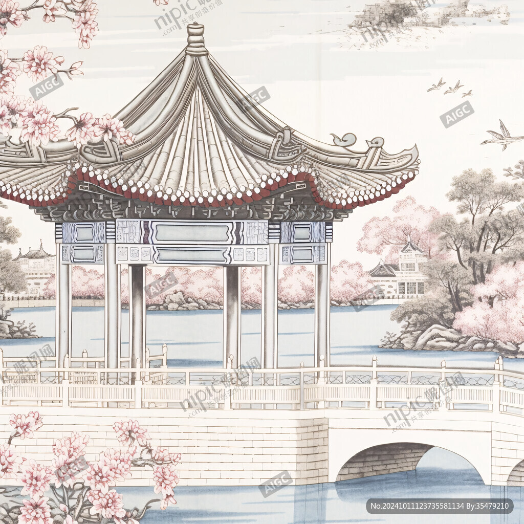 工笔线描亭台楼阁挂画