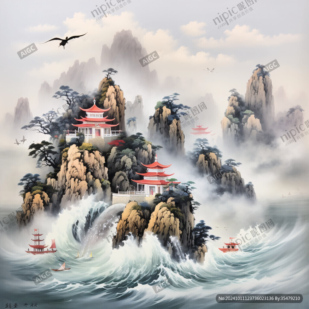 海浪仙鹤松树