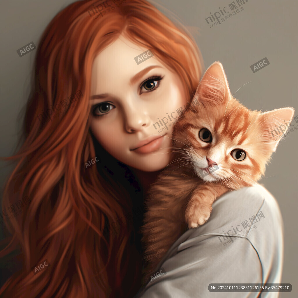 抱猫美女猫插画