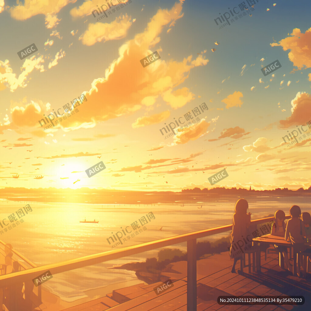 夕阳余晖下乘凉的人们