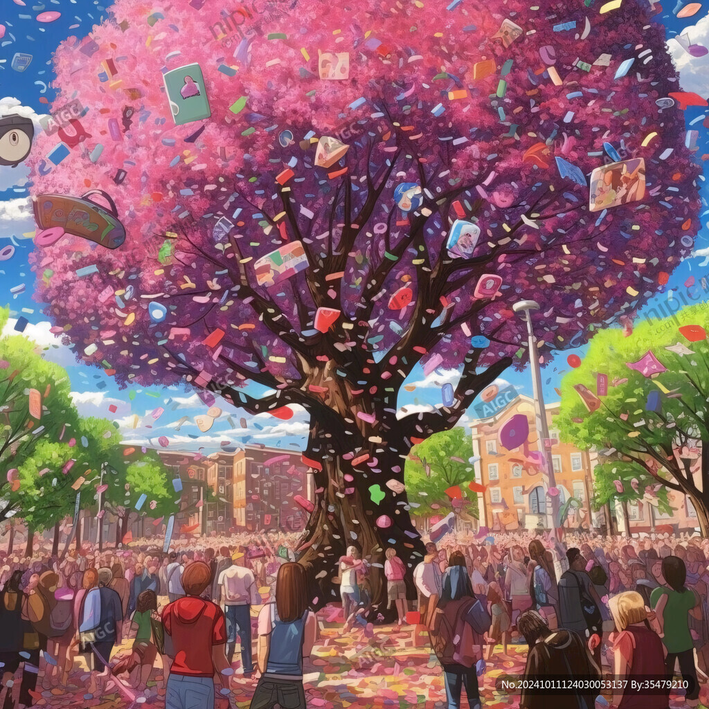 开满樱花的大树插画