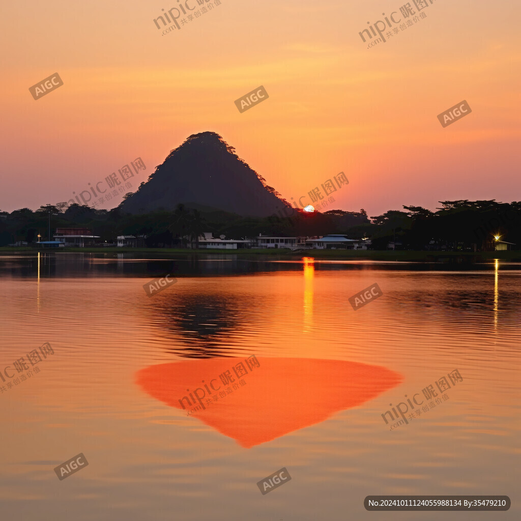 金色朝霞湖面风景