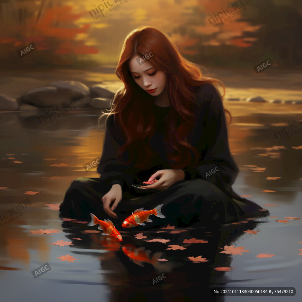 女孩摸鱼插画