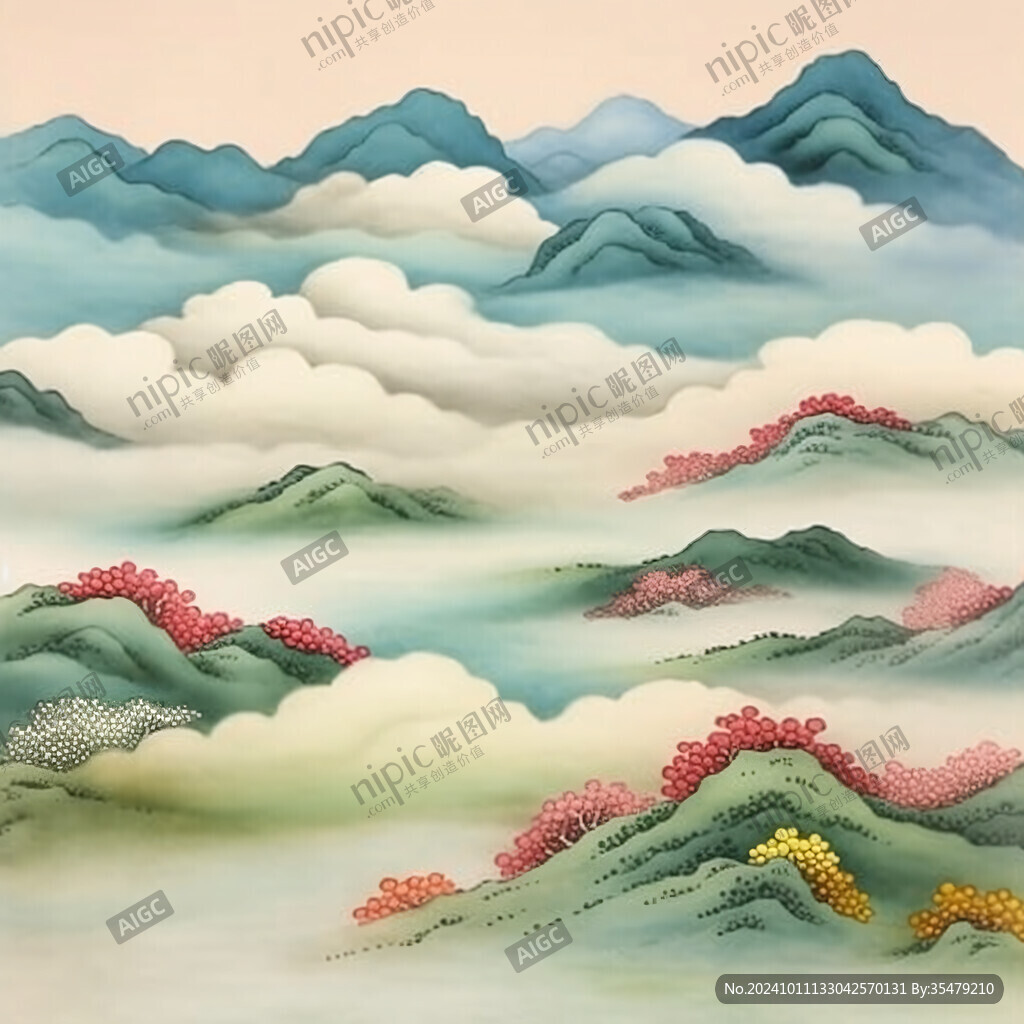 青绿重彩烟云山水手绘