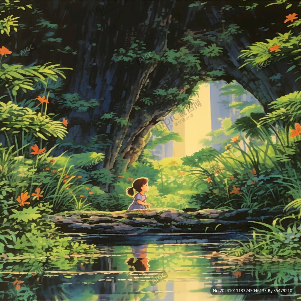 场景插画植物少女