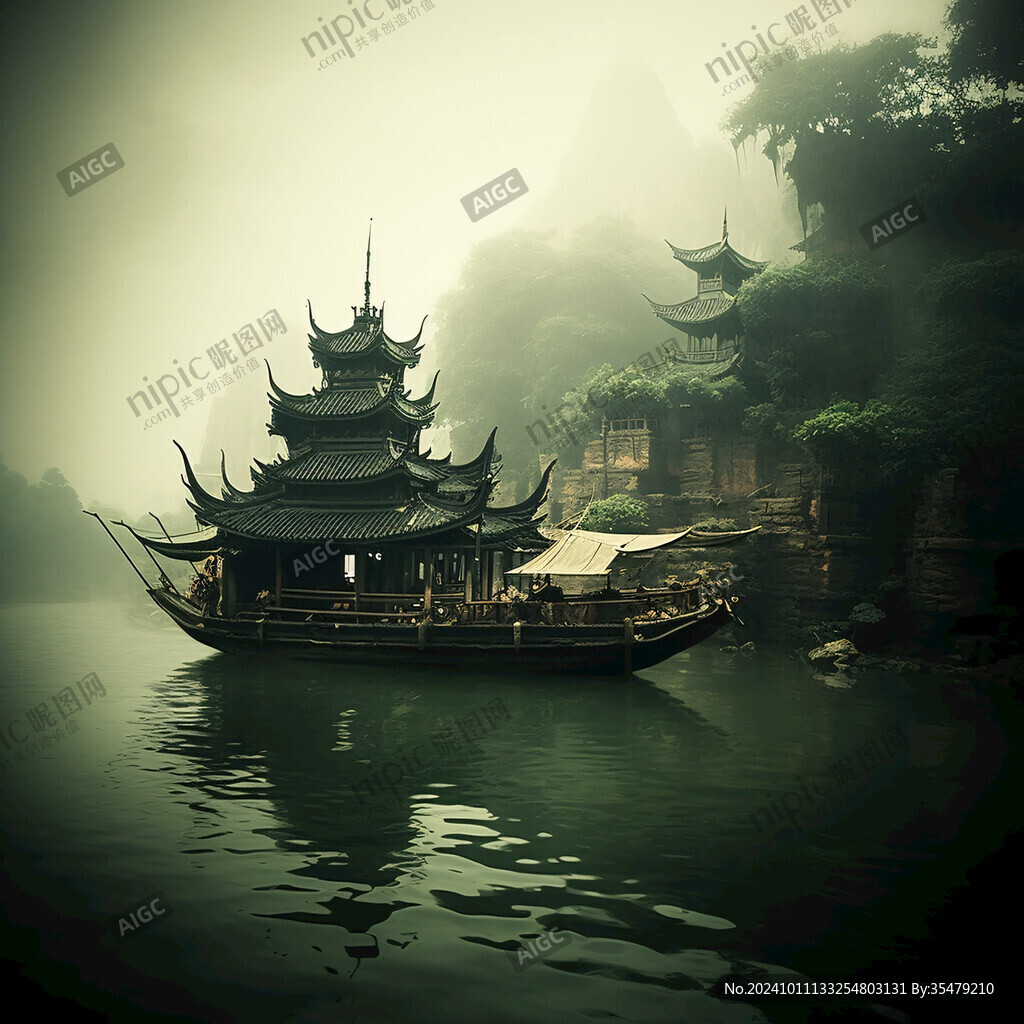 山水楼阁波光小船