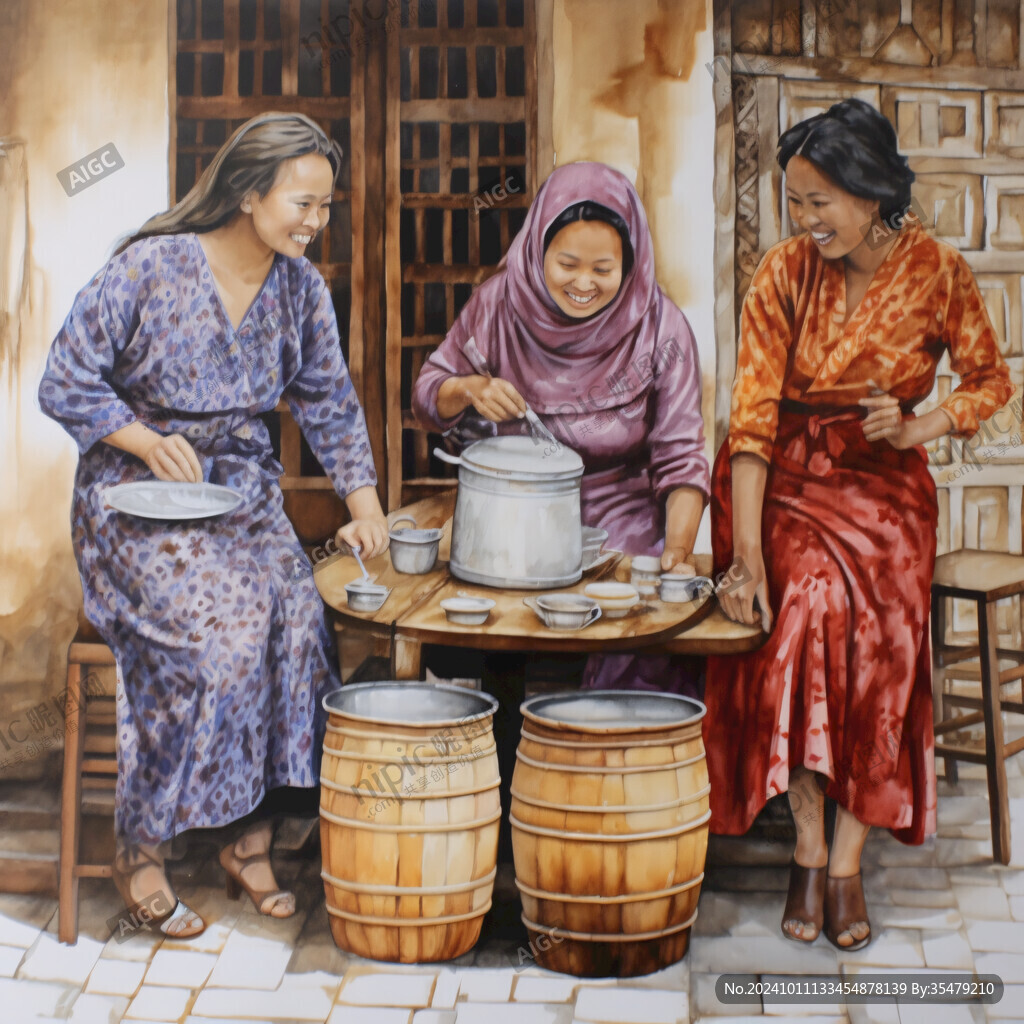 茶馆场景油画