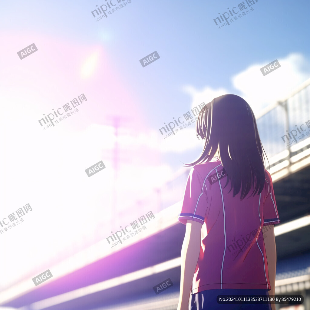 女学生夕阳下插画