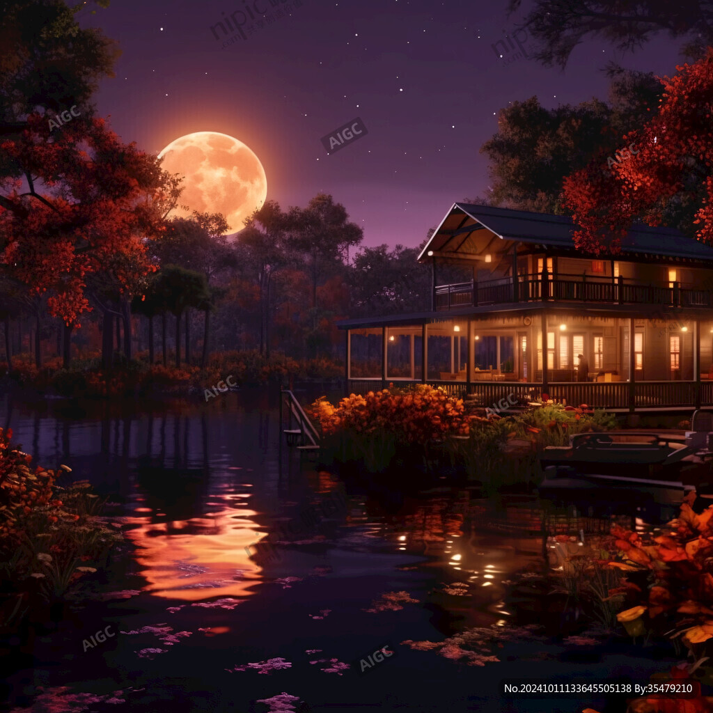 插画夜景湖泊