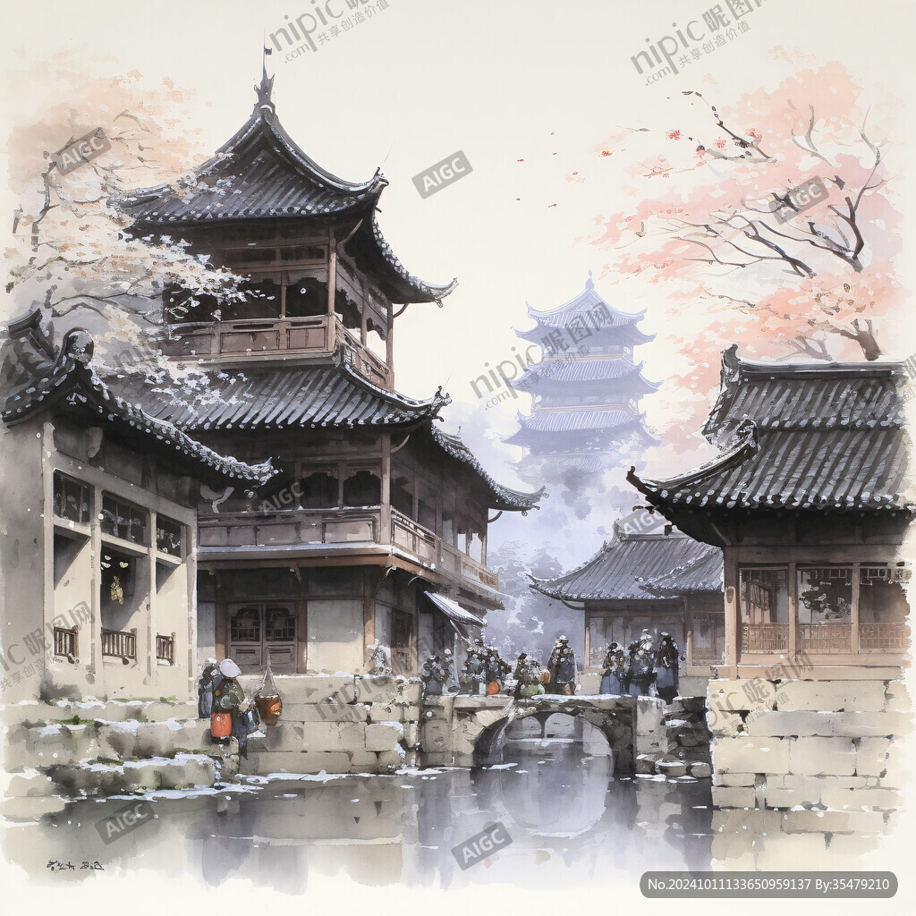 手绘横店水彩水墨建筑