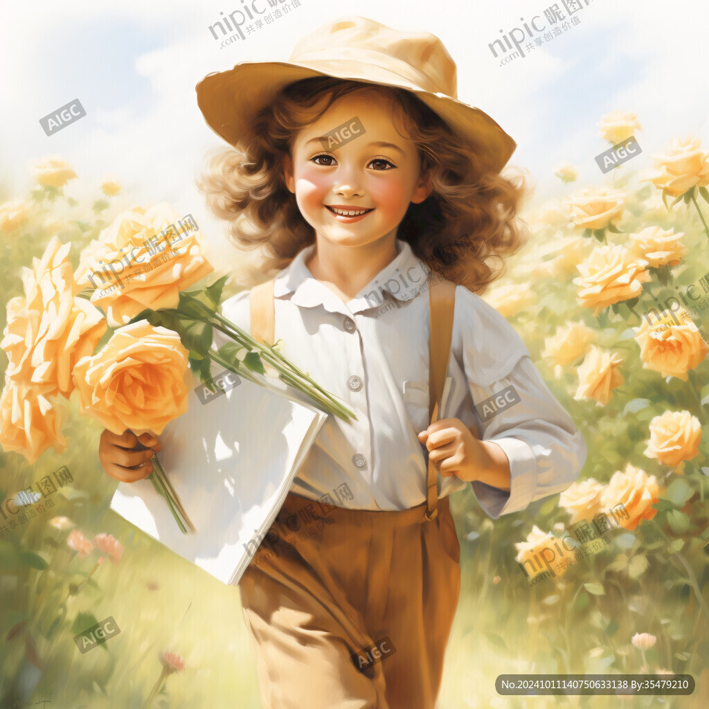 采花的小女孩插画