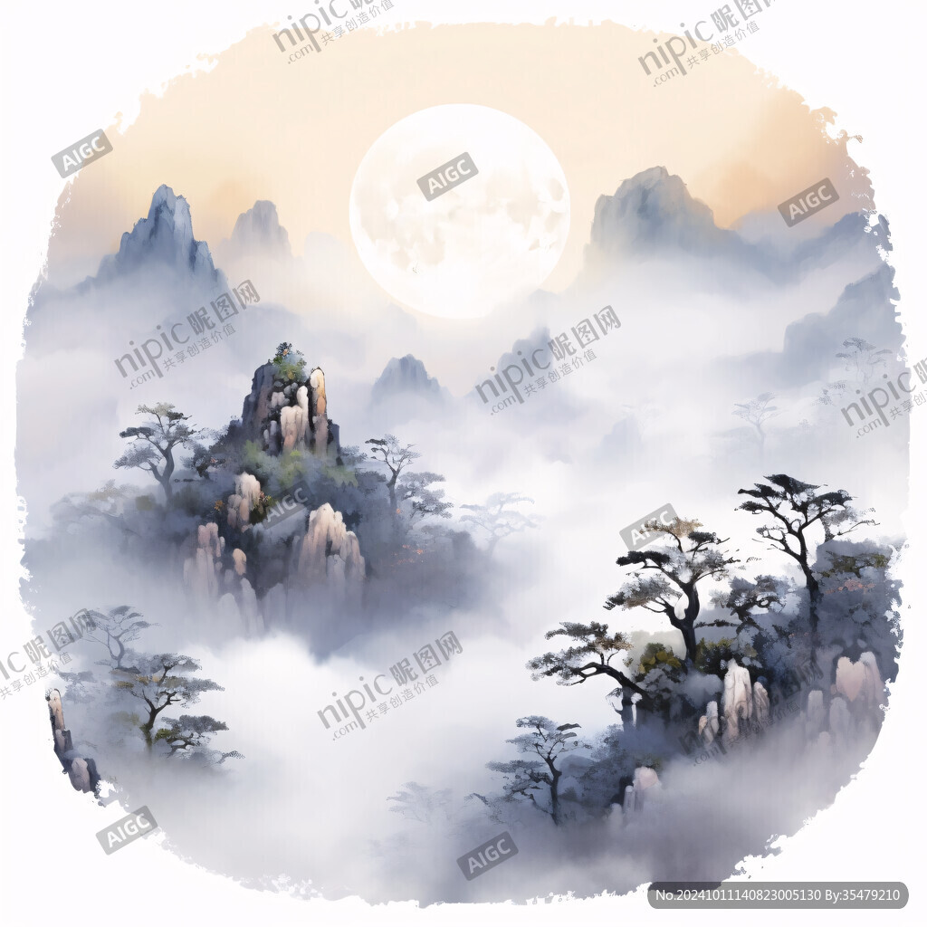 圆形山水墨画山水