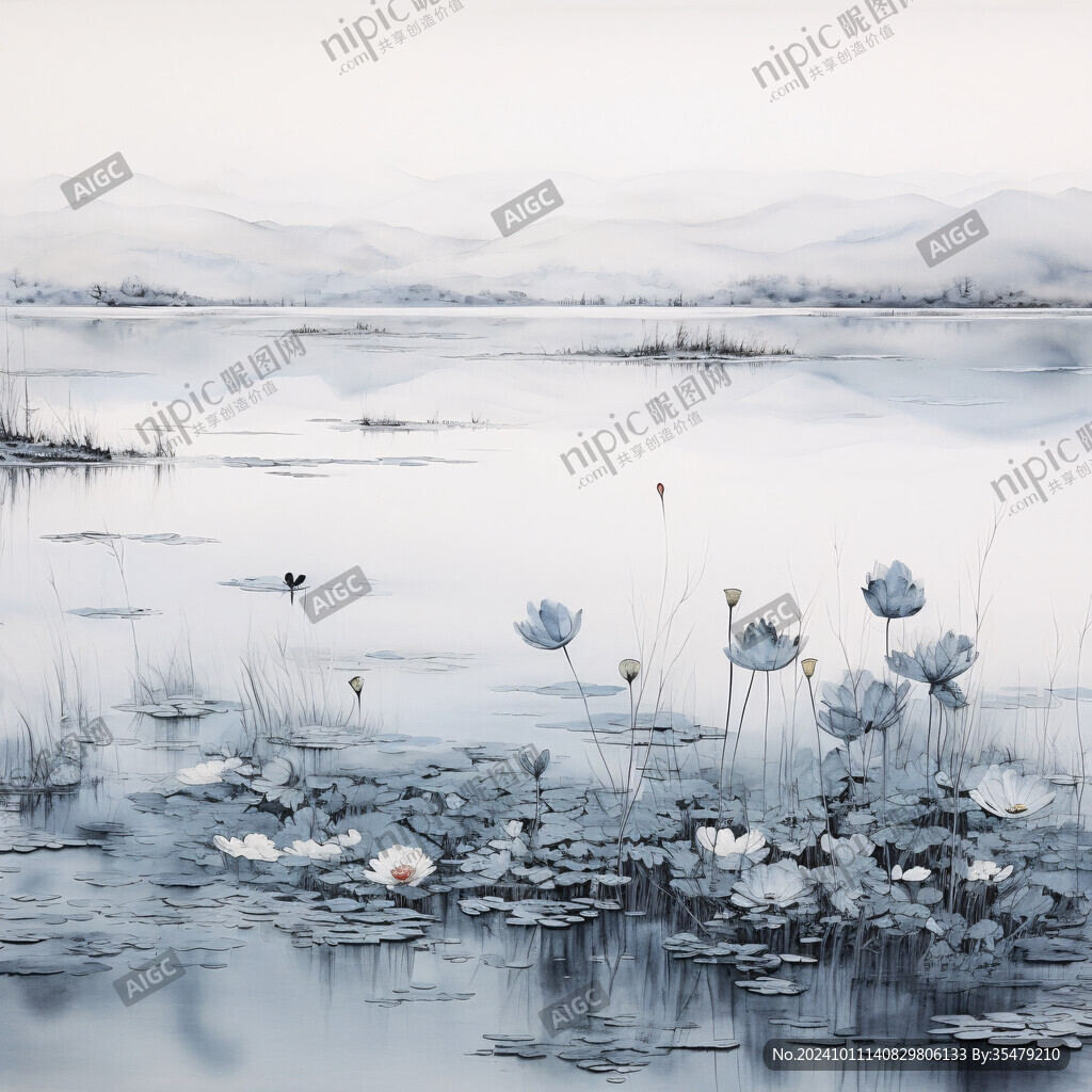 意境风景画水彩荷花