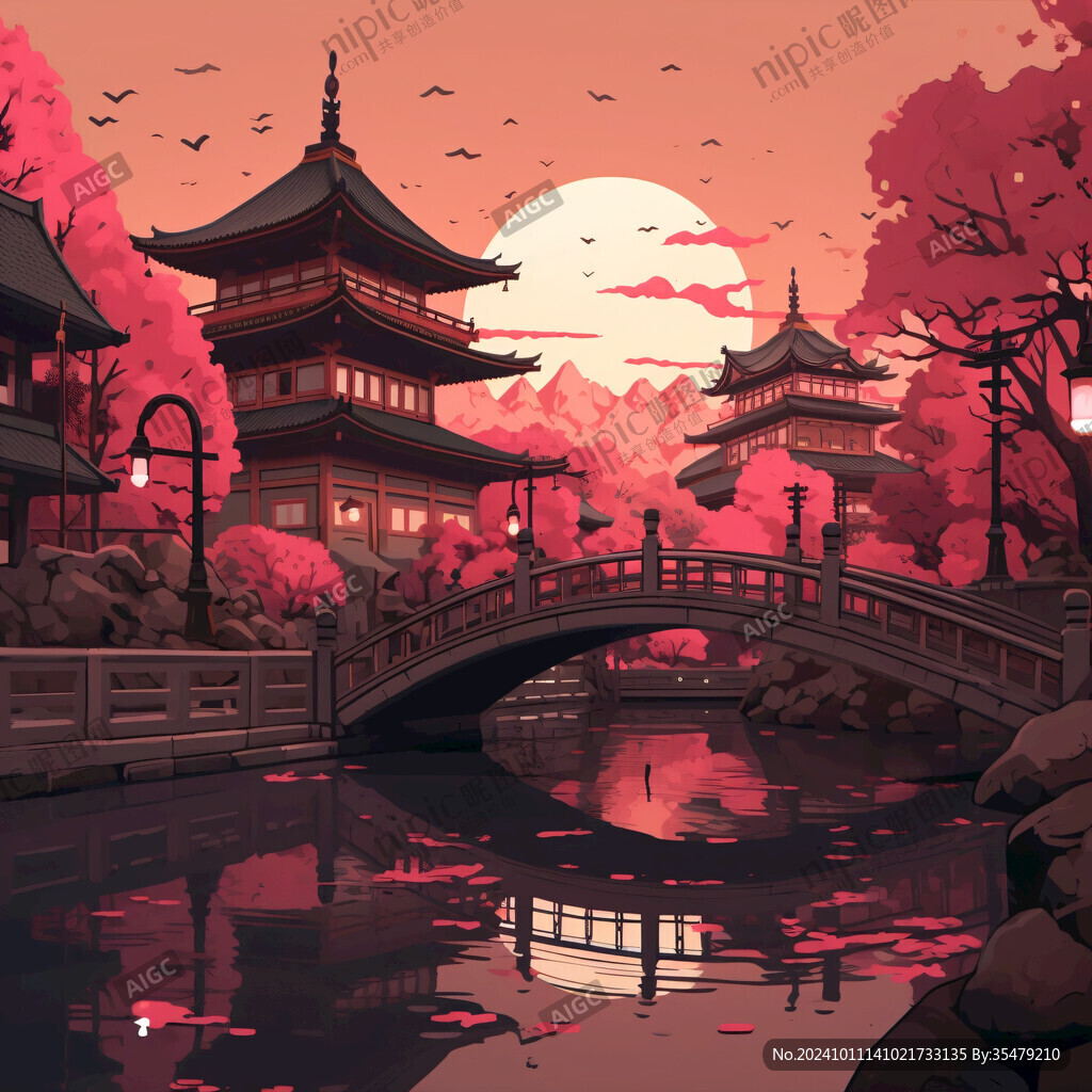亭台楼阁意境插画