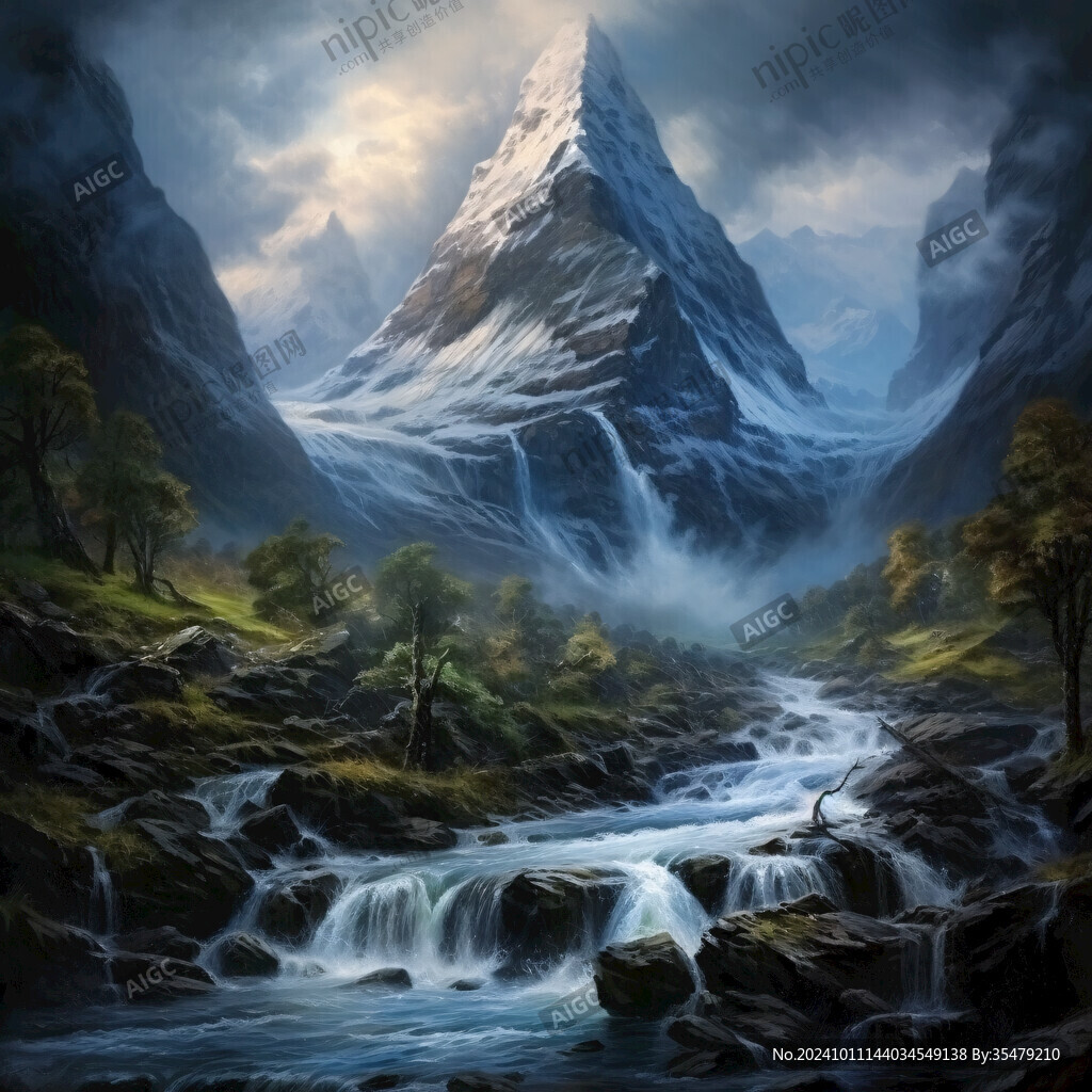 山水风景油画瀑布