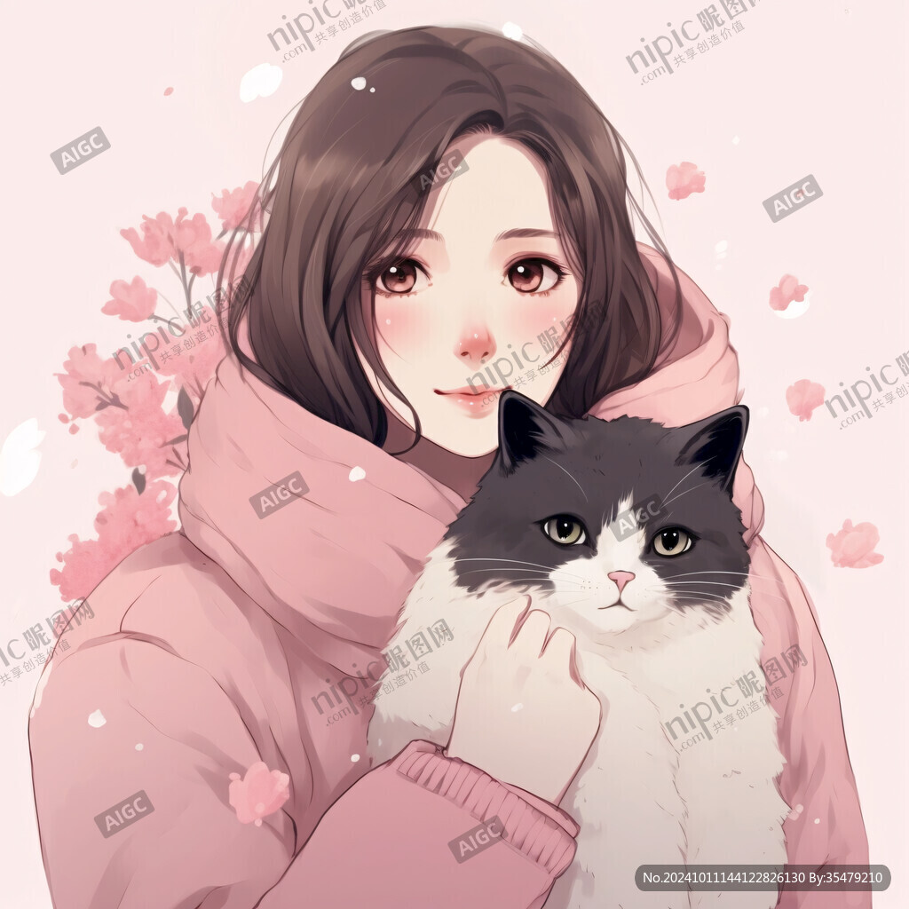 抱猫美女猫插画