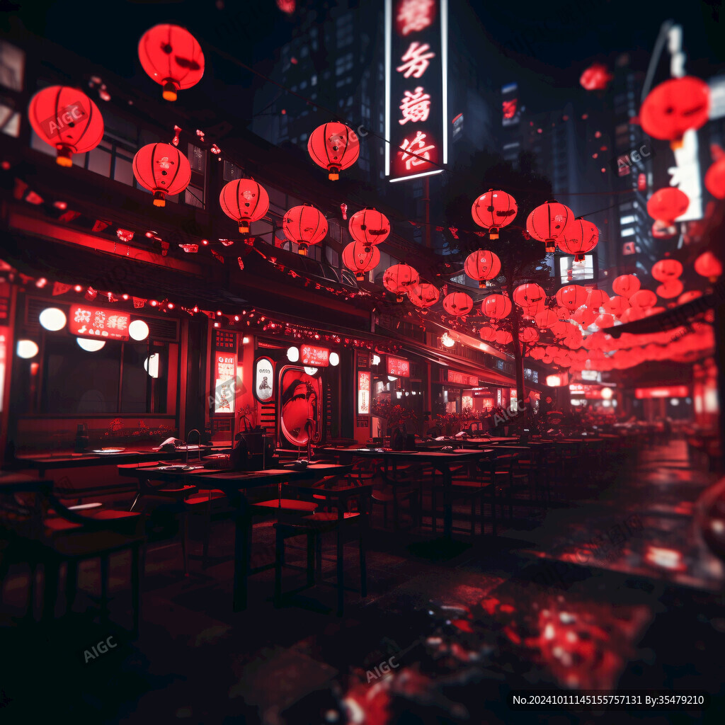 美食街夜景红灯笼