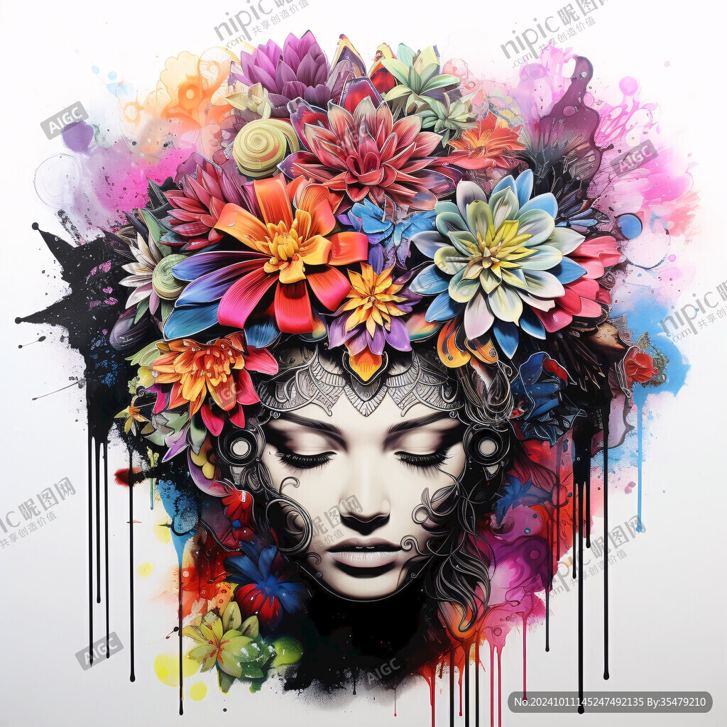 彩绘女人植物抽象画