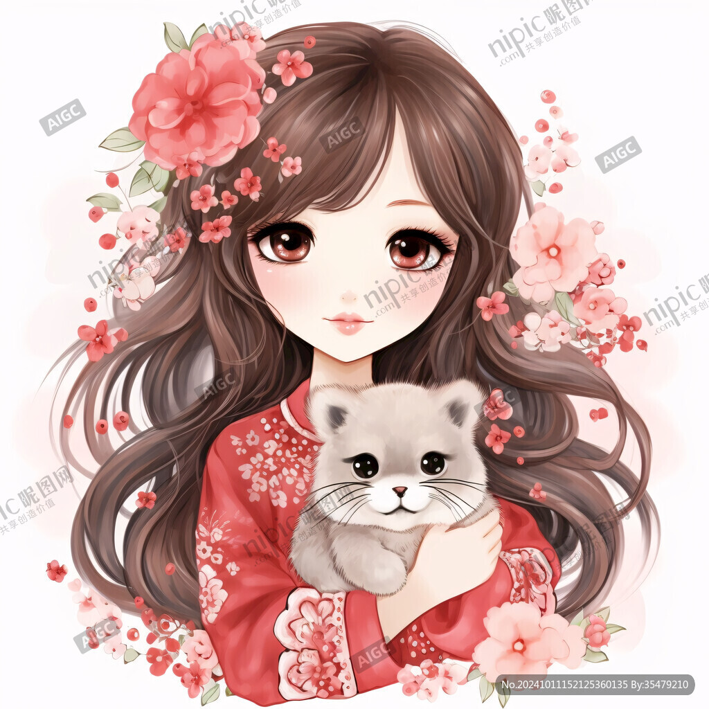 抱猫美女猫插画