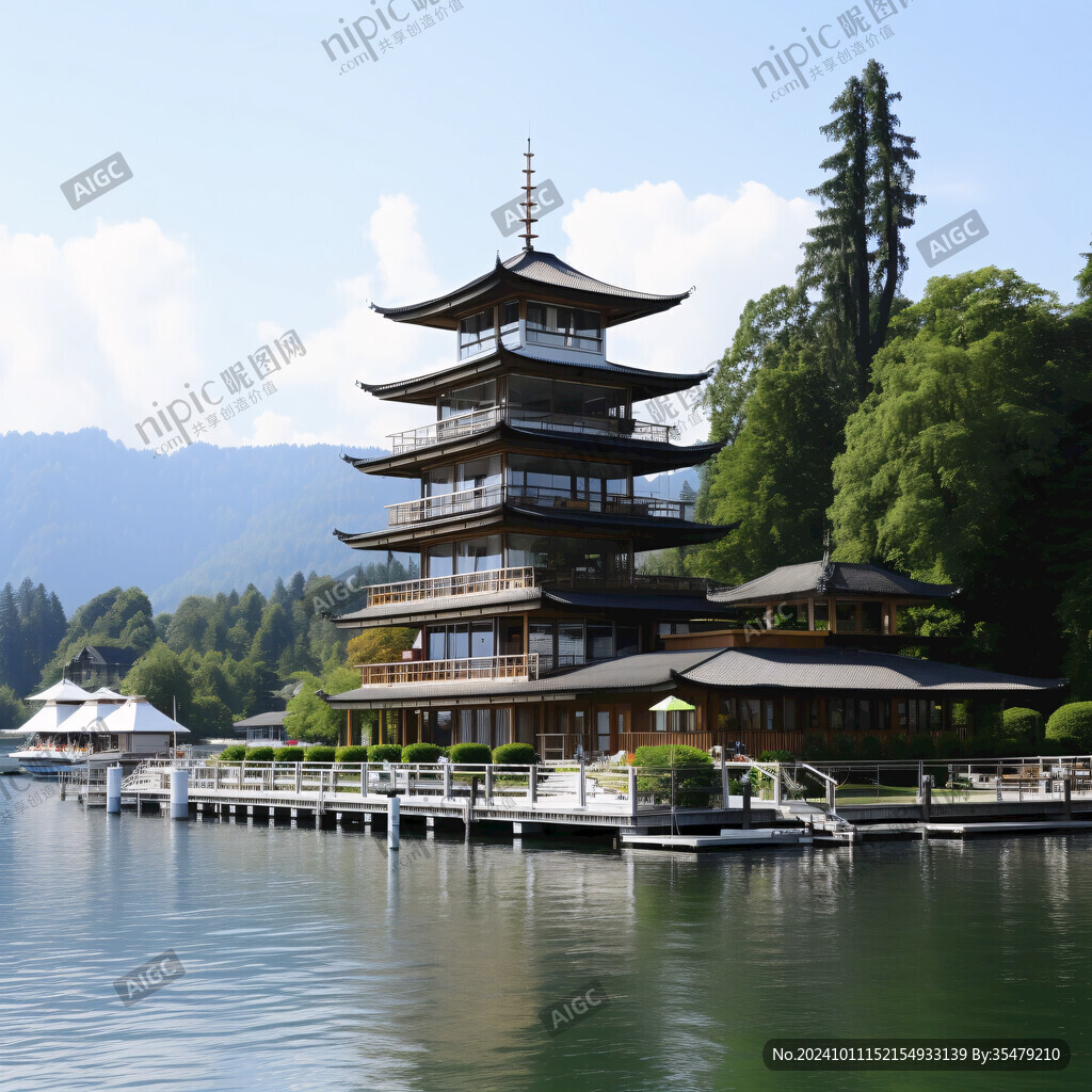 古建筑湖边观景塔