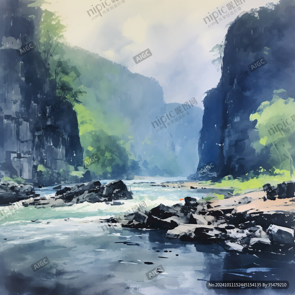 河流水粉画