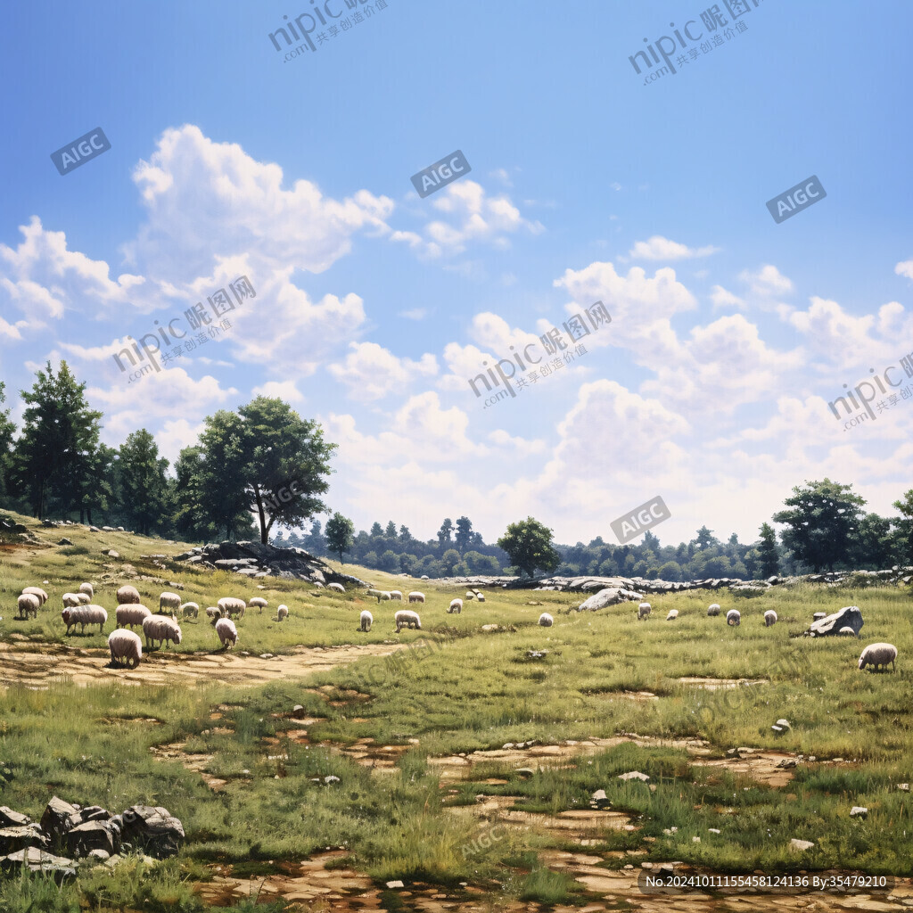 蓝天白云绿草地羊群