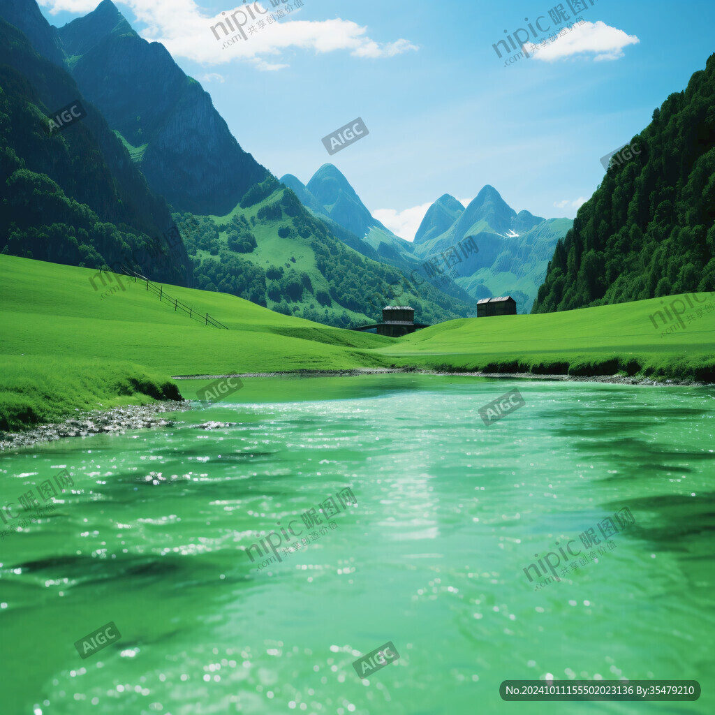 蓝色河水绿草地