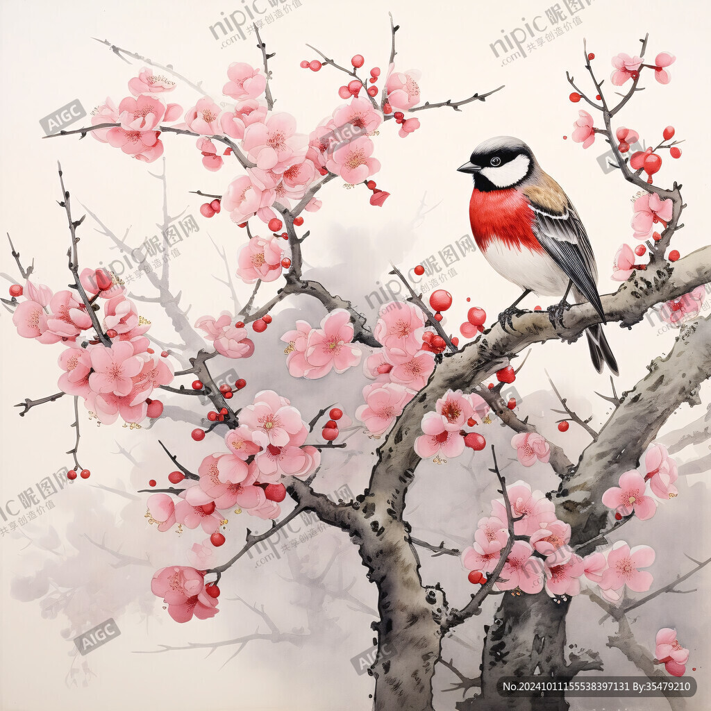 水彩梅花花鸟装饰画