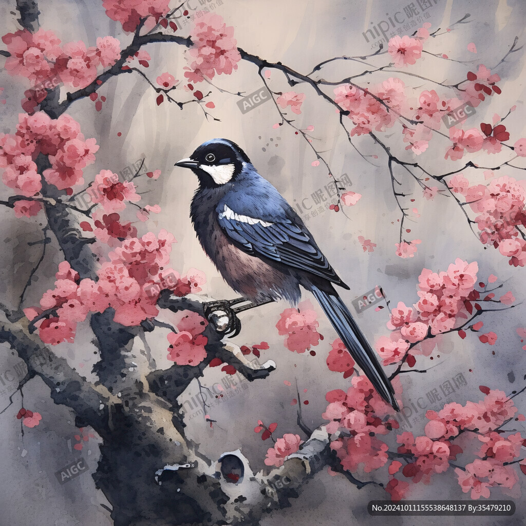 水彩梅花花鸟装饰画