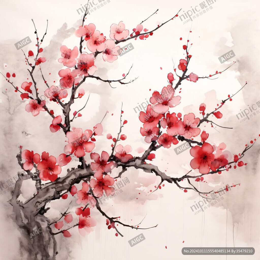 现代水墨画红梅