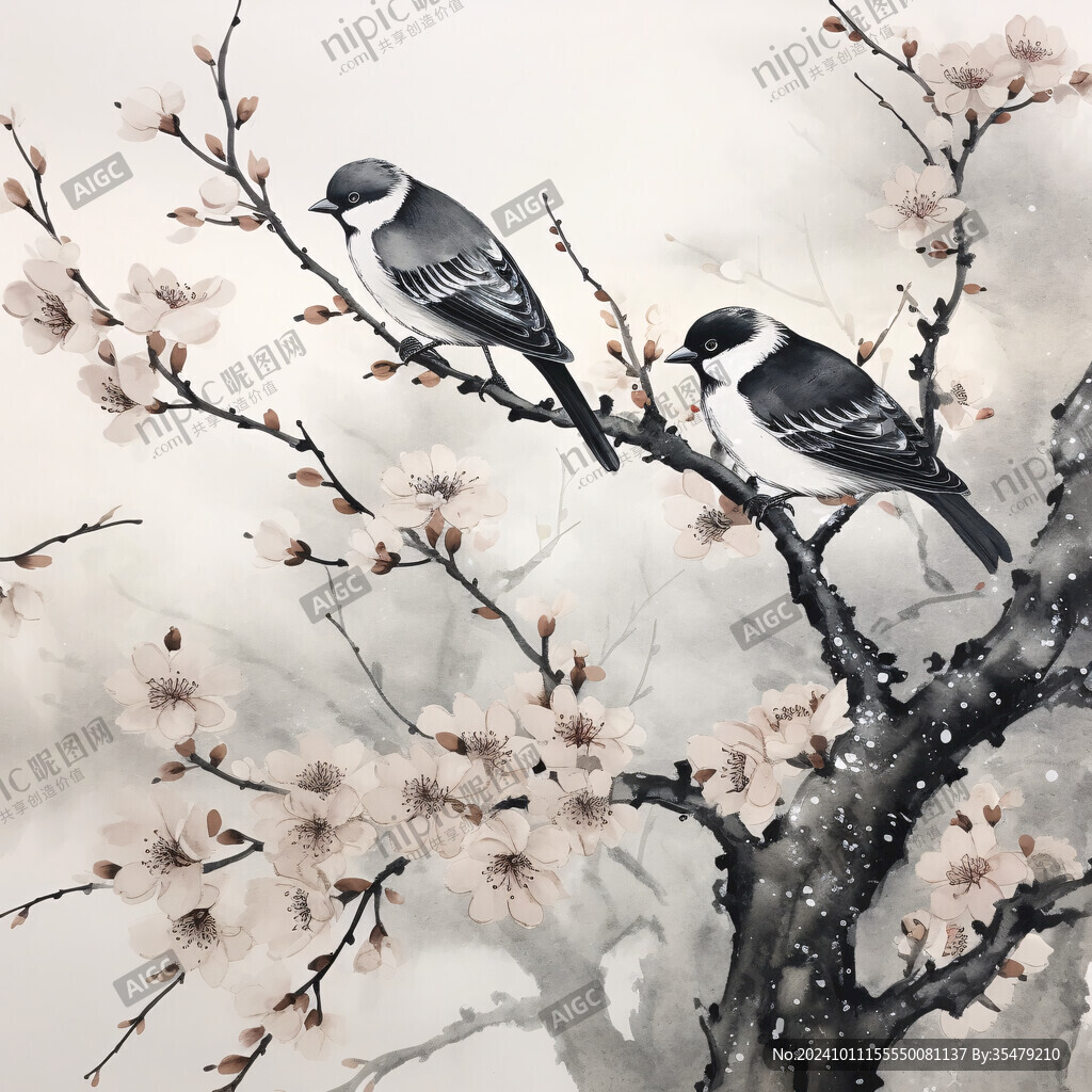 水彩梅花花鸟装饰画