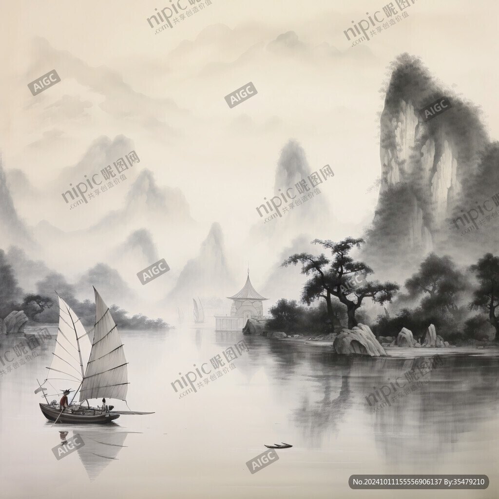 水墨山水画帆船