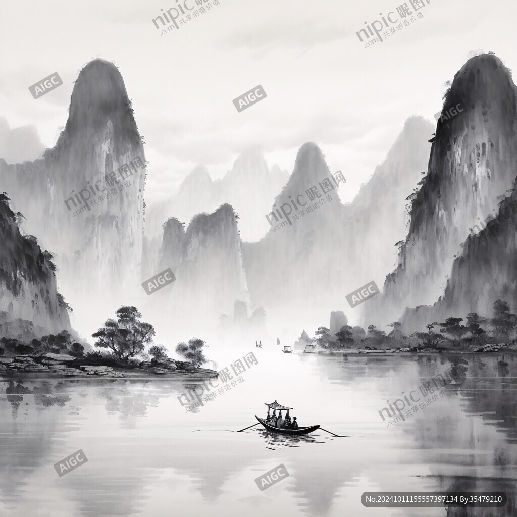 水墨山水画小船