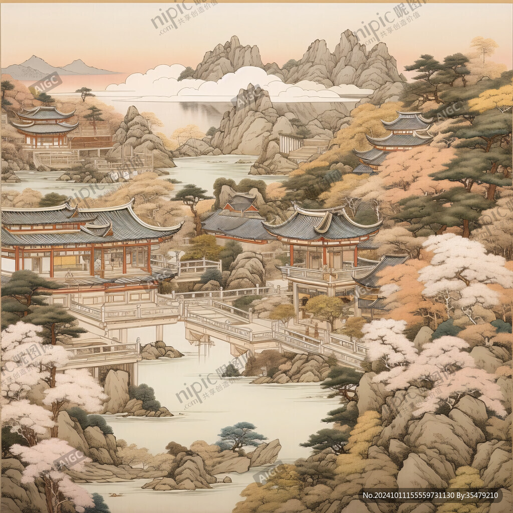 国潮山水楼阁装饰画