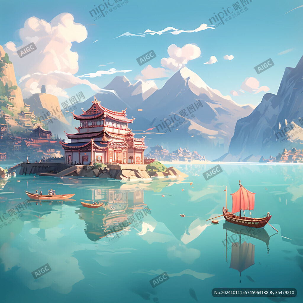 国潮建筑山水场景