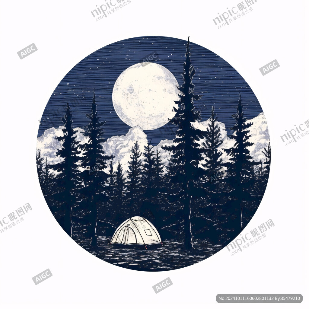 手绘月亮山峰插画