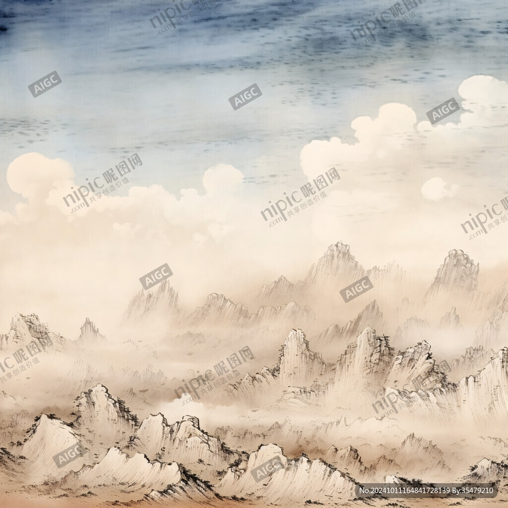 水彩画山峰群山远山