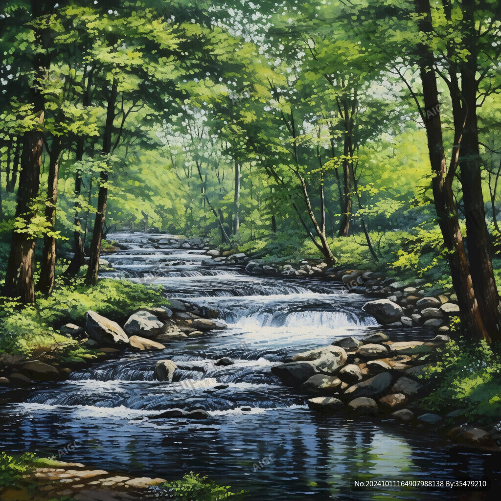 森林小溪油画
