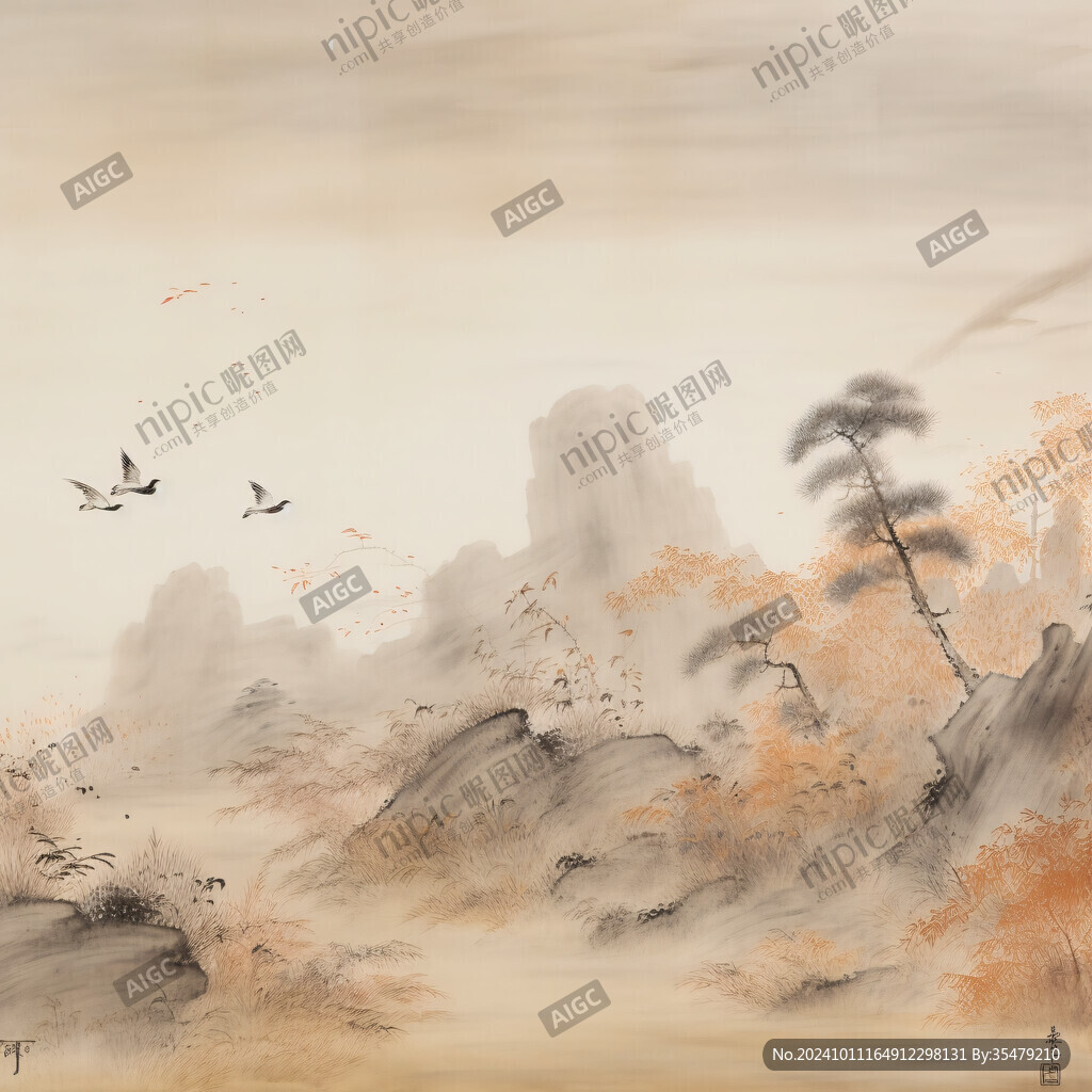 红叶花鸟写意山水