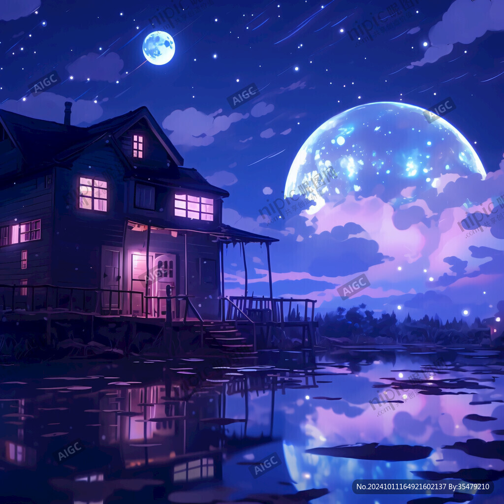 插画夜景湖泊