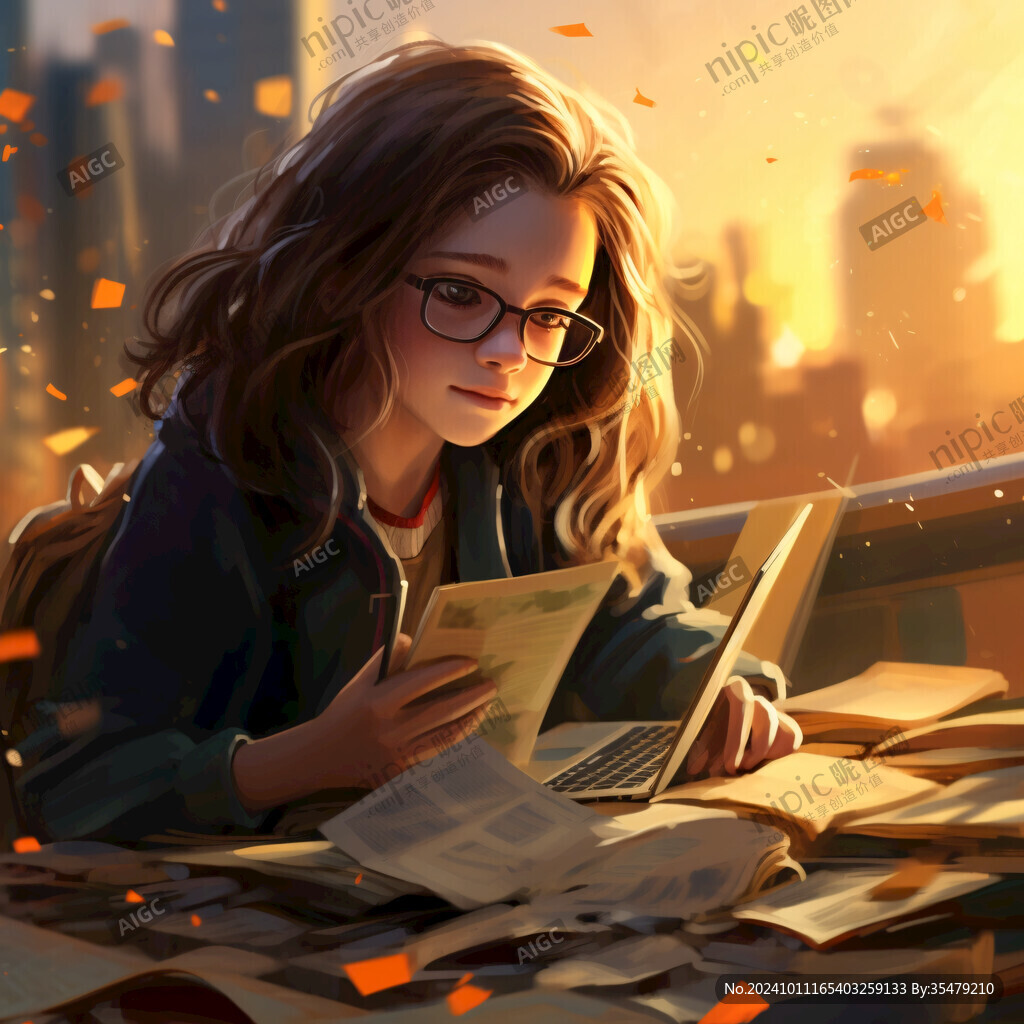 插画人物戴眼镜女孩