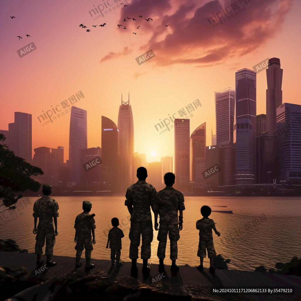 夕阳下一家人剪影