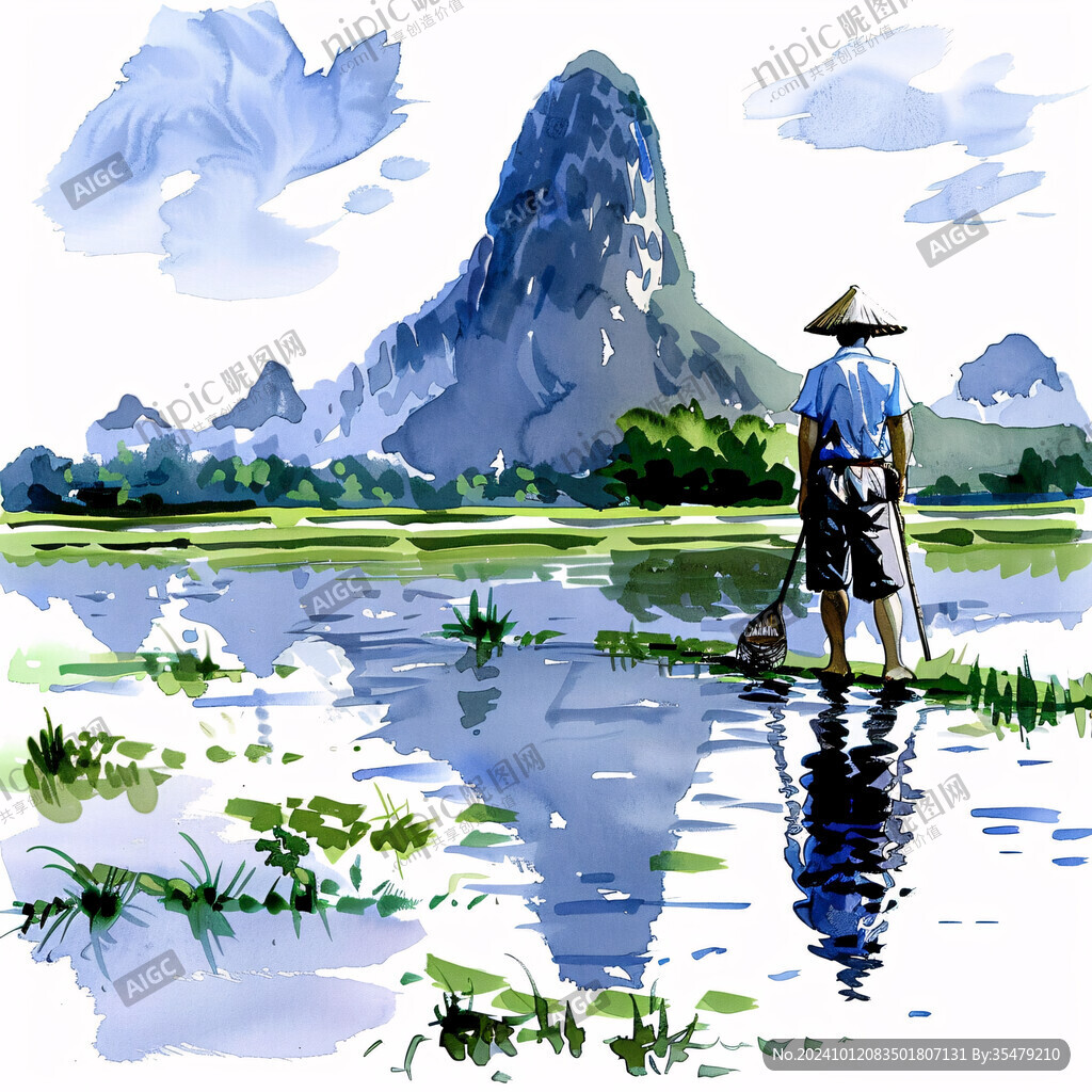 水墨渔夫垂钓水乡