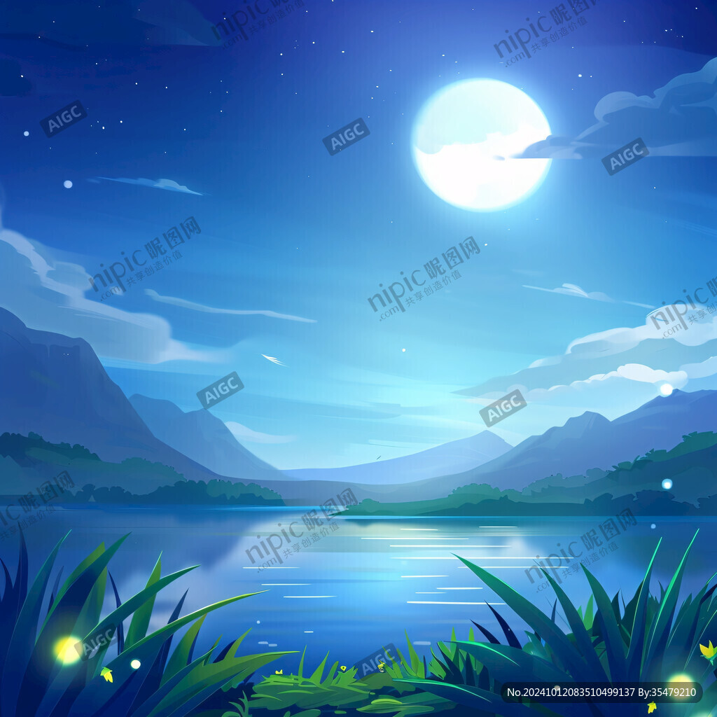 插画夜景湖泊