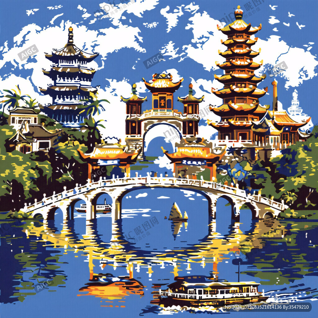 越南地标建筑山水画