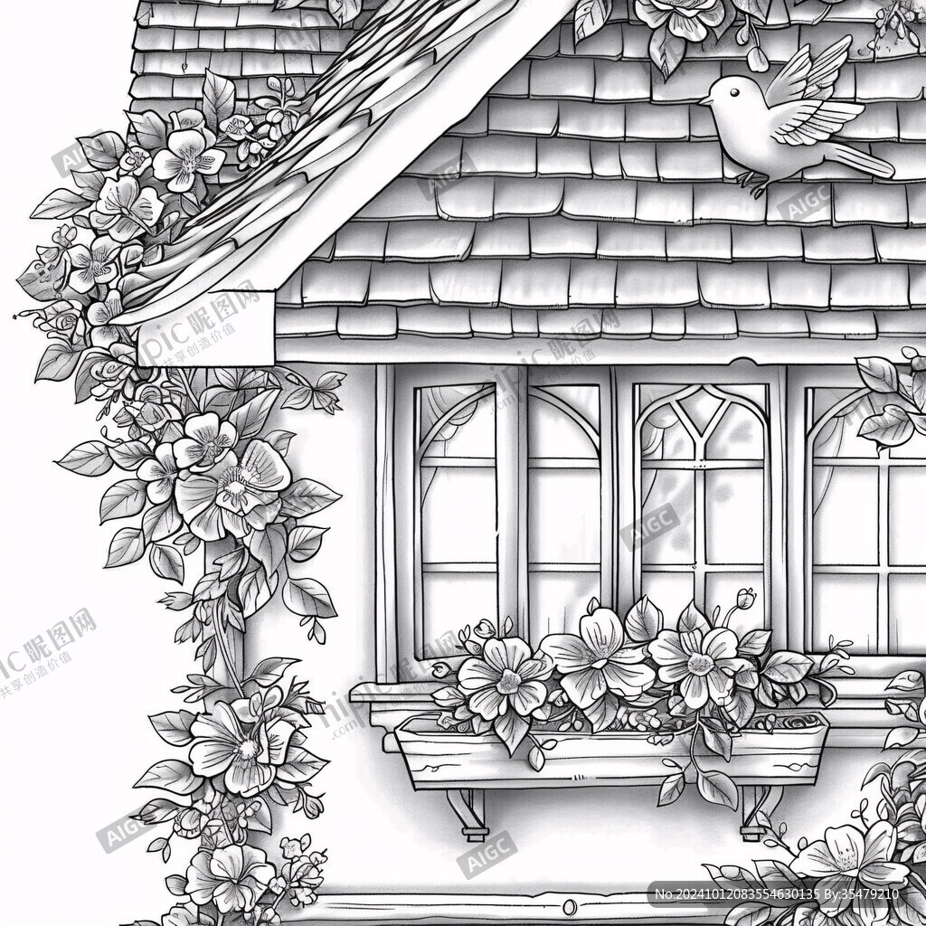 手绘建筑花鸟背景