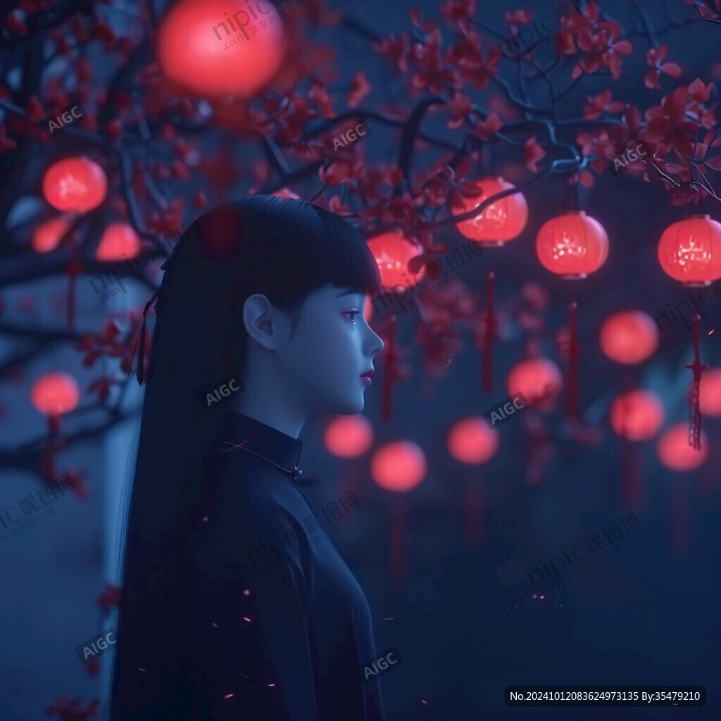 花灯下的美女