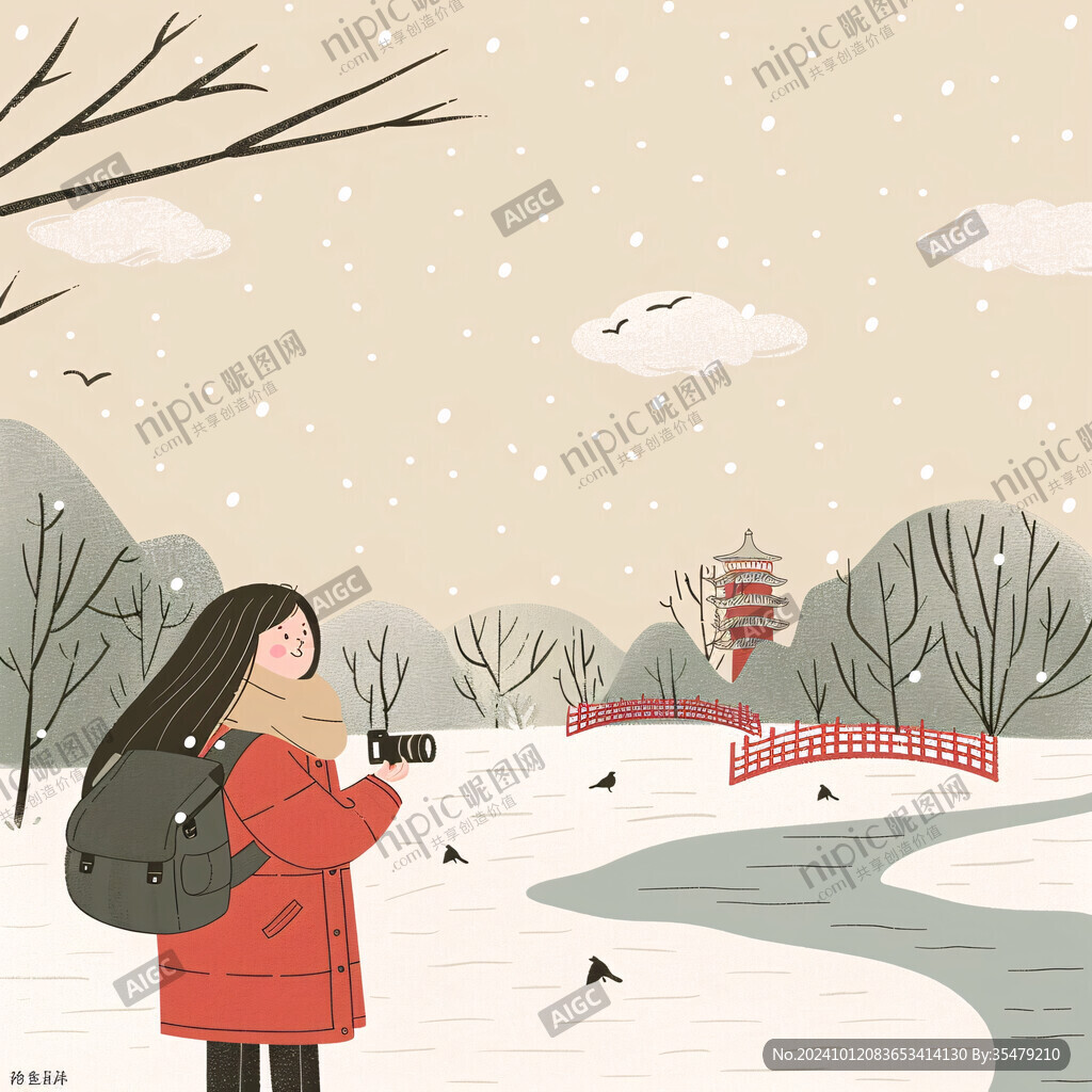 雪地行走的女孩子