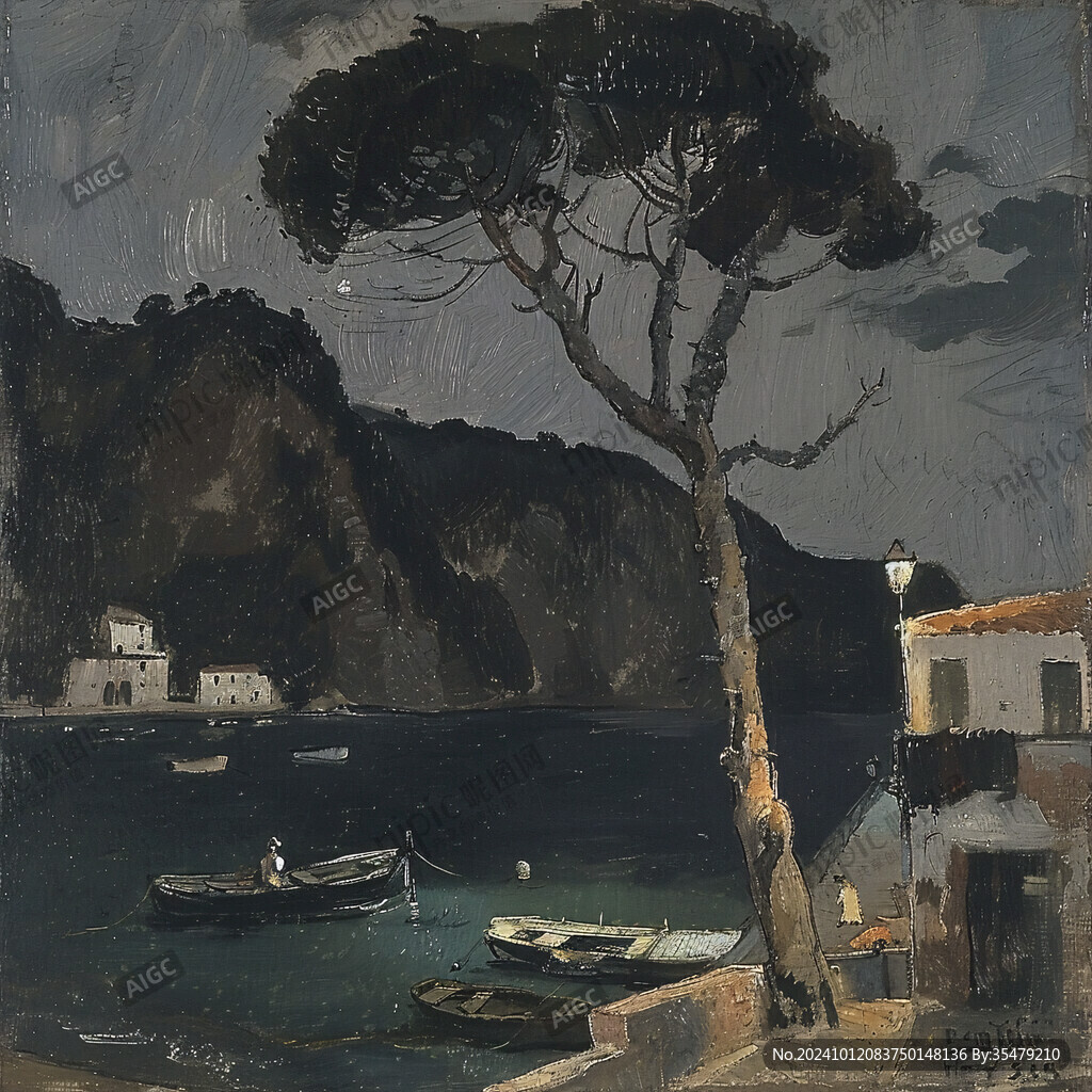 海边小村油画素材