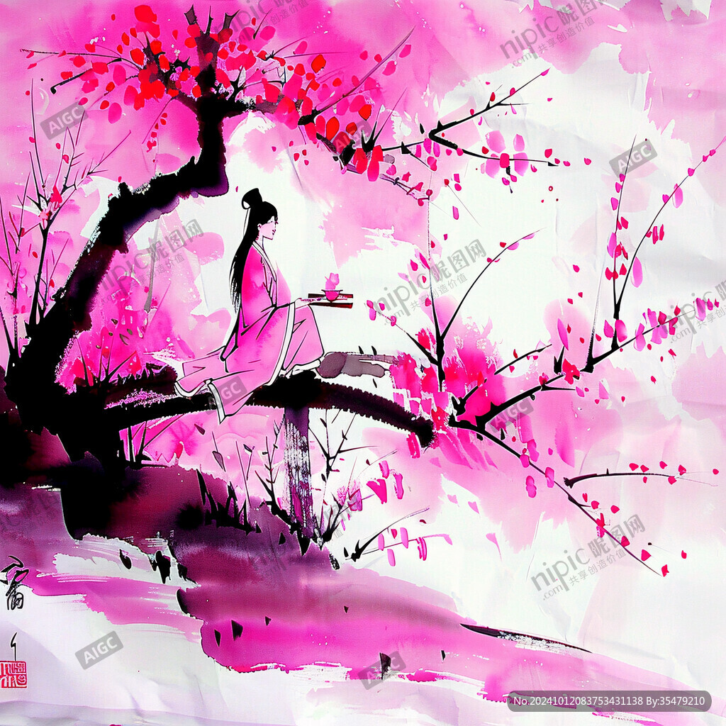 梅花和女孩水墨画